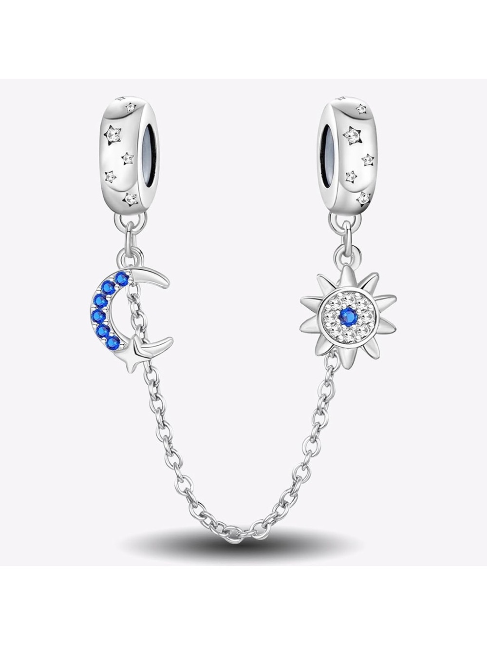 🌙 STERLING SILVER SUN & MOON BLUE CZ SAFETY CHAIN CHARM